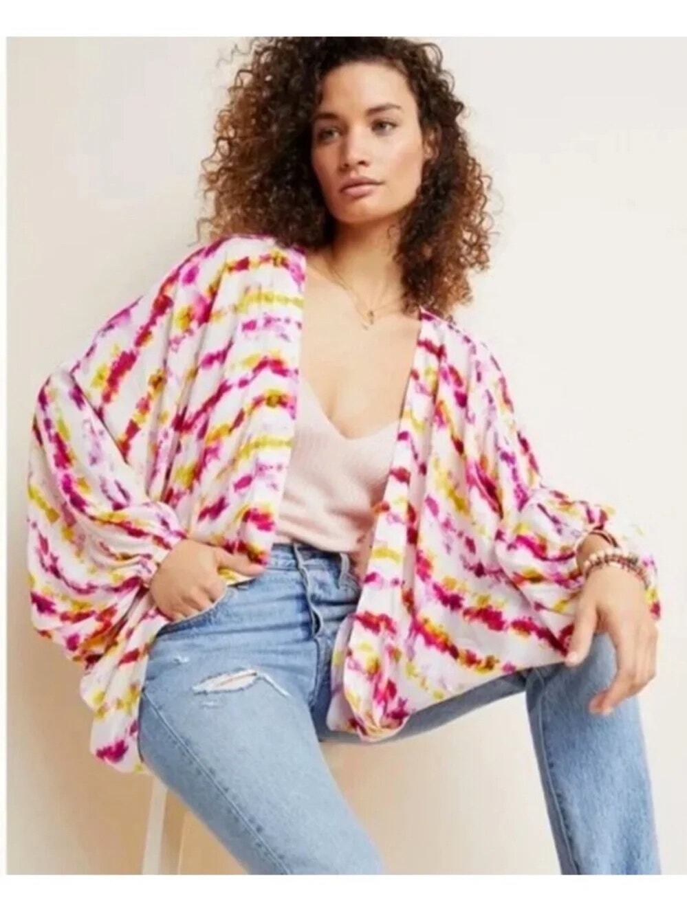 By Anthropologie Tie Dye Viscose Crepe Open Kimono Duster Puff Sleeve One Size